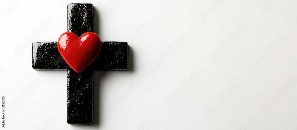 Poster black cross with red heart on white background for inspirational or religious messages with copyspac