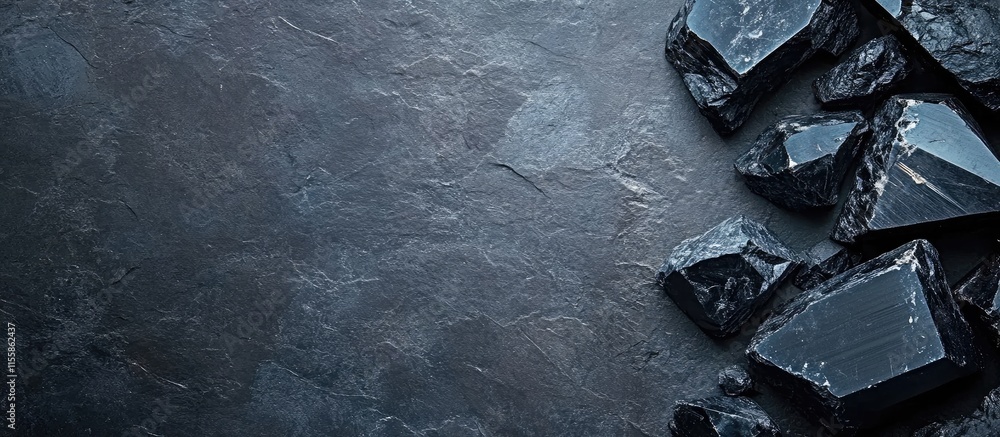Poster black polished crystals on dark stone surface with ample copyspace for custom text and design elemen
