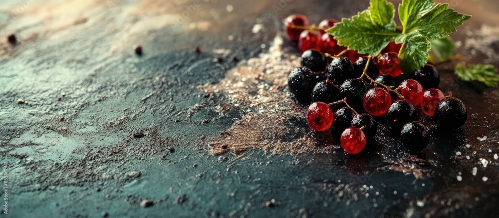 Poster black currant berries on rustic surface with fresh mint leaves and empty space for text in healthy f