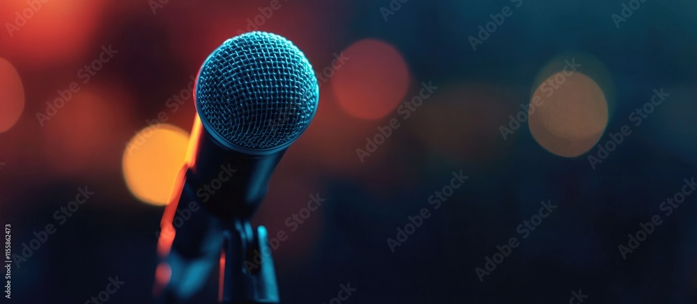 Poster black desktop microphone with blurred bokeh background ideal for text placement and audio production