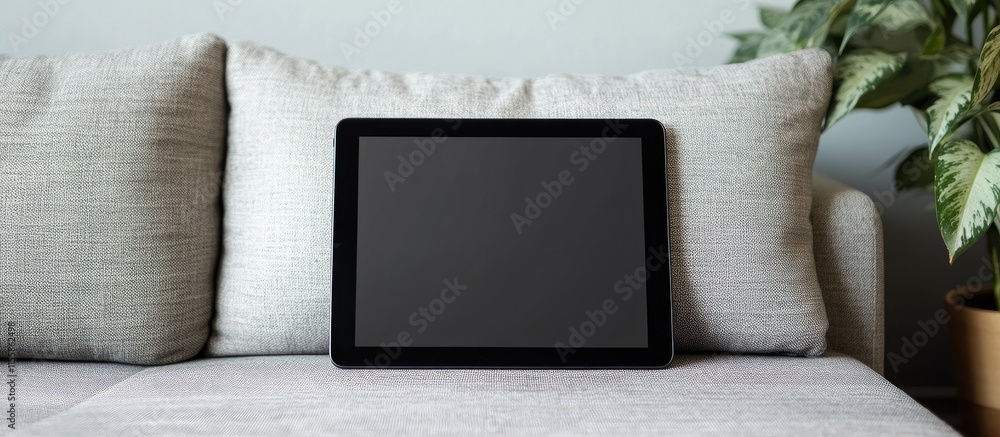 Poster black digital tablet mockup on sofa with blank screen ideal for custom text or advertising display i