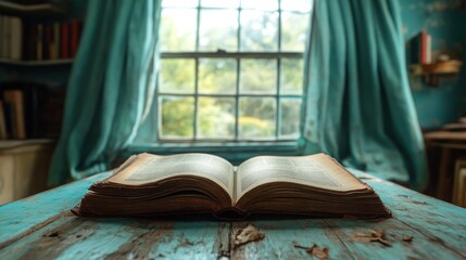 Open antique book on rustic table by window.