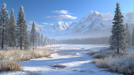 Winter snow covered mountain peaks with large trees, Fantastic winter landscape with snowy trees and melting snow, clear blue sky and untouched white snow with large trees.