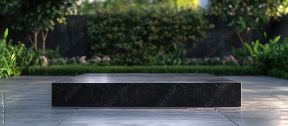 Poster black cube podium for product showcase on sidewalk with lush greenery background and empty space for