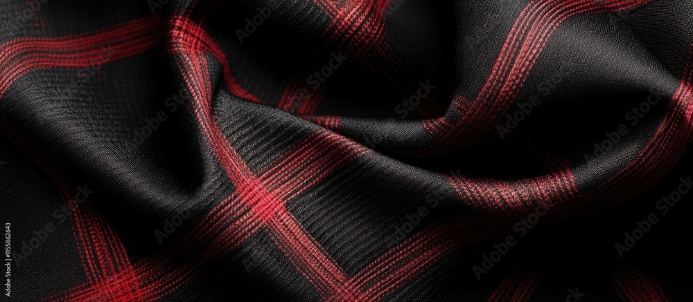 Poster close up of black fabric featuring red checkered pattern and blank space for text overlay in elegant