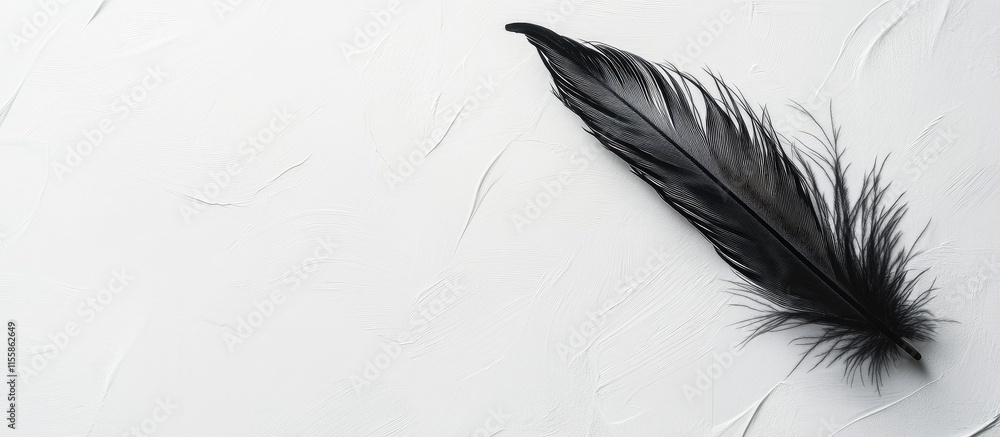 Poster black feather resting on white surface with copyspace for text design for elegant branding or creati