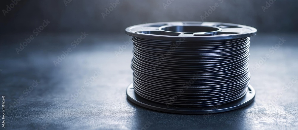 Poster black 3d printing filament spool on dark background with copyspace for text and product descriptions