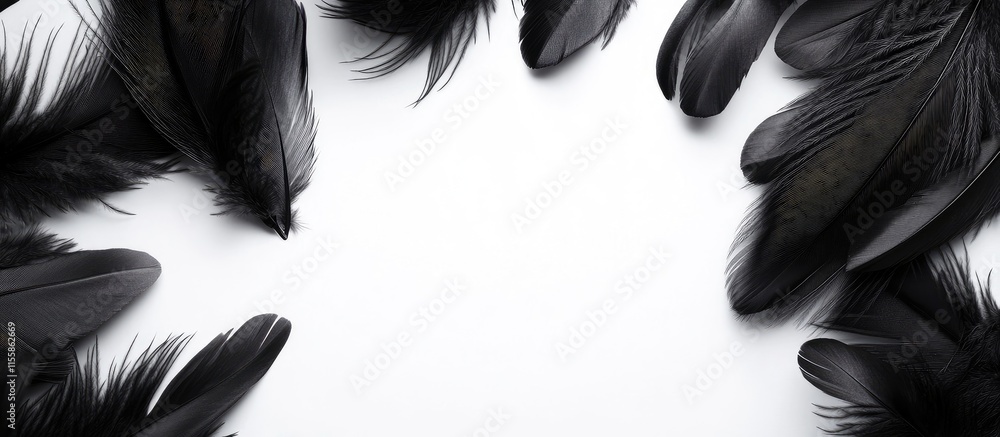 Poster black feathers on white background elegantly framed design with ample copyspace for text or branding