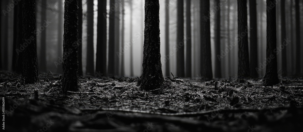 Poster mysterious black forest scene with tall trees and dark atmosphere ideal for text overlay and creativ