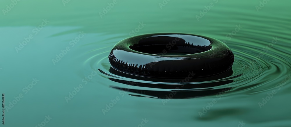 Poster black inflatable pool ring floating on water surface with ripples surrounded by lush greenery and am