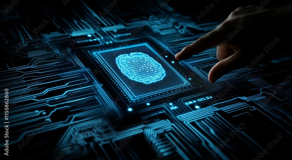 Poster an executive businessman gestures towards a virtual screen that illustrates the findings of an intel