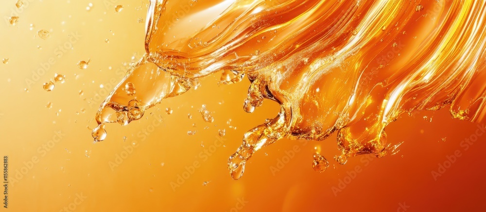 Poster aerial view of vibrant amber liquid surface with fluid patterns suitable for product backgrounds and