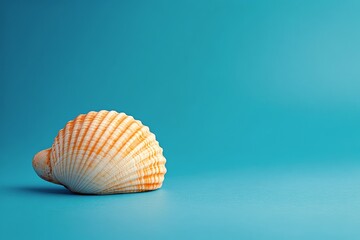 Fototapeta premium White scallop shell resting on a bright blue background creating a simple yet elegant composition