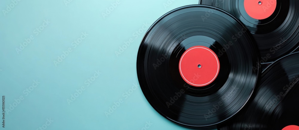Poster retro vinyl records arrangement on light background with space for custom text or branding