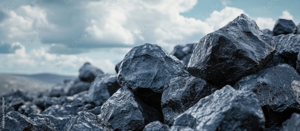Poster black rocks against light clouds and sky with empty space for text in background natural scenery and