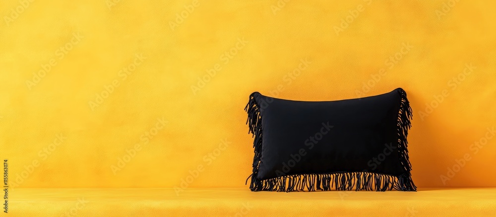 Poster black decorative pillow with fringe design on vibrant yellow background featuring empty text space f