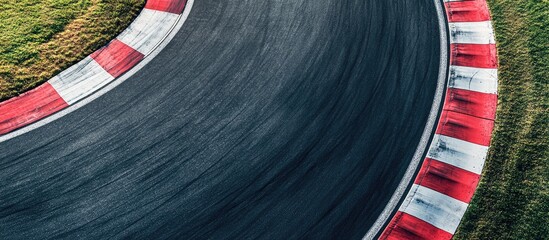 Aerial view of a winding asphalt racetrack with red and white curbing under a moody sky ideal for automotive promotions and racing events