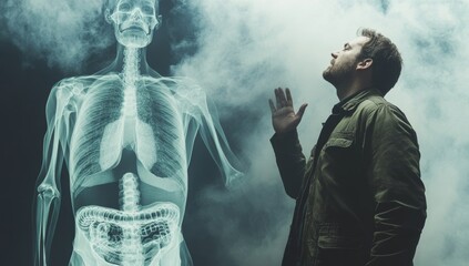 Fototapeta premium In a futuristic setting, a conversation unfolds between a human and a robotic AI, delving into advanced technology and machine learning principles