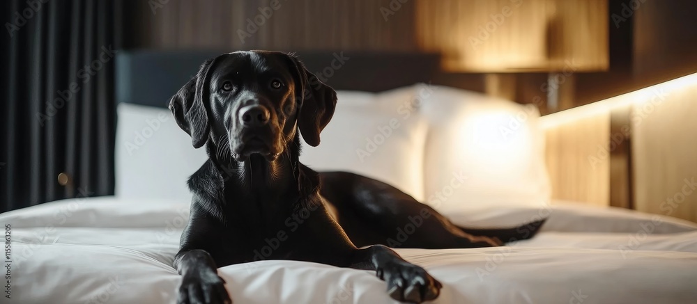 Poster black dog peacefully resting on a hotel bed with soft lighting and ample empty space for customizabl