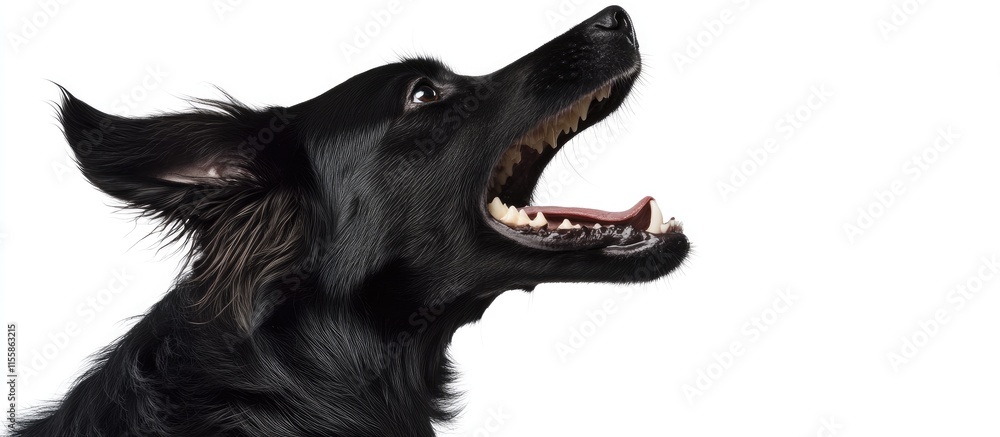 Poster barking black dog profile isolated on white background with empty space for text showcasing pet expr