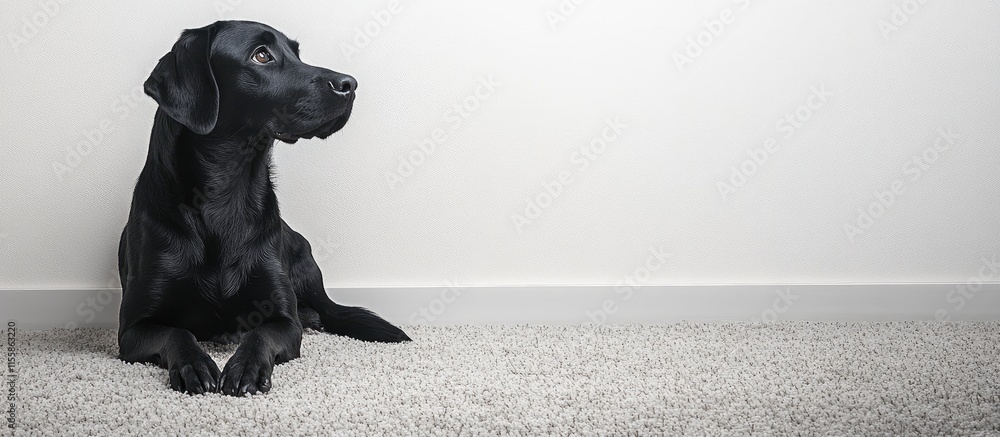 Poster black dog lying on carpet next to a blank wall perfect for adding custom text or design in the empty
