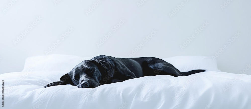 Poster black dog relaxing on a white bed with ample space for text creating a serene and tranquil atmospher