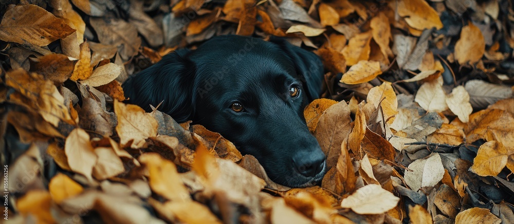 Poster black dog resting among colorful autumn leaves creating a serene nature scene with empty space for t