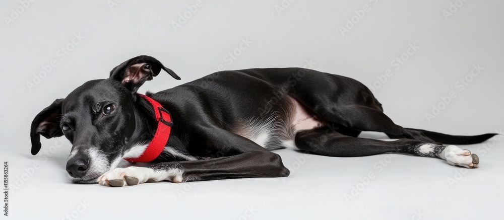 Poster black dog with red collar lying on gray background providing ample copyspace for text and marketing 