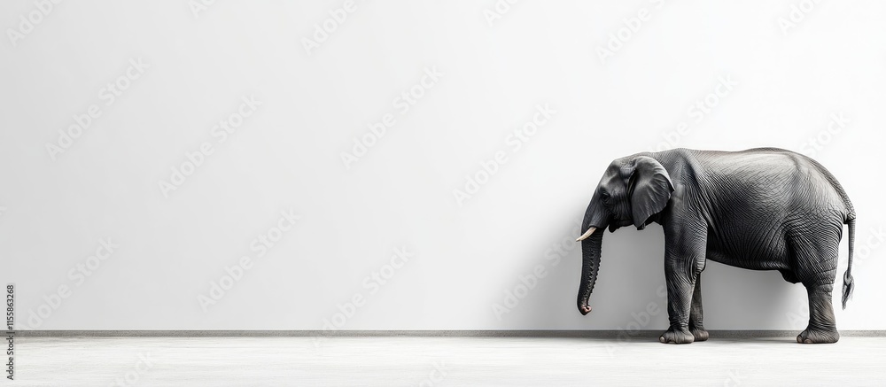 Aufkleber black elephant standing against a blank wall in a minimalist setting with ample copyspace for text o
