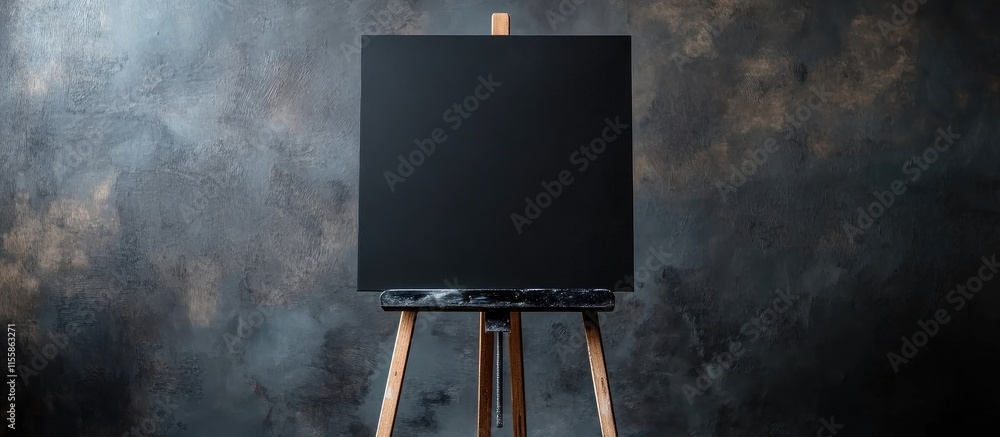 Poster black easel with blank canvas on textured gray background ideal for art mockup or promotional design