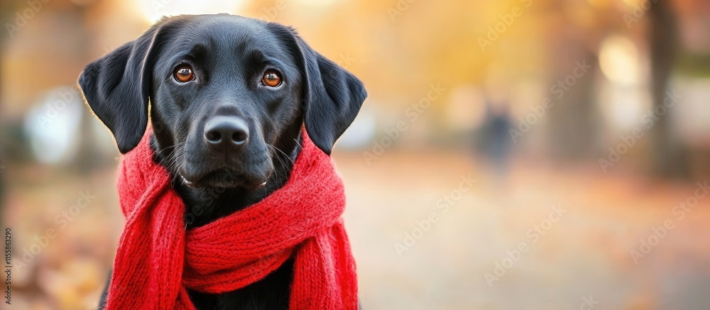 Poster black dog in red scarf posing in autumn park with blurred trees and fallen leaves creating an inviti