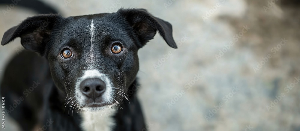 Aufkleber black dog with white facial markings looking directly at the camera with blank space for text or mes