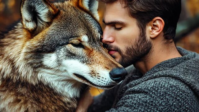Connection between a young man and a wolf in a forest during autumn
