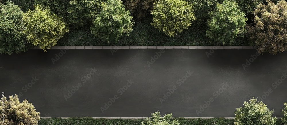 Poster aerial perspective of a tranquil asphalt road bordered by lush forest trees with space for text or g