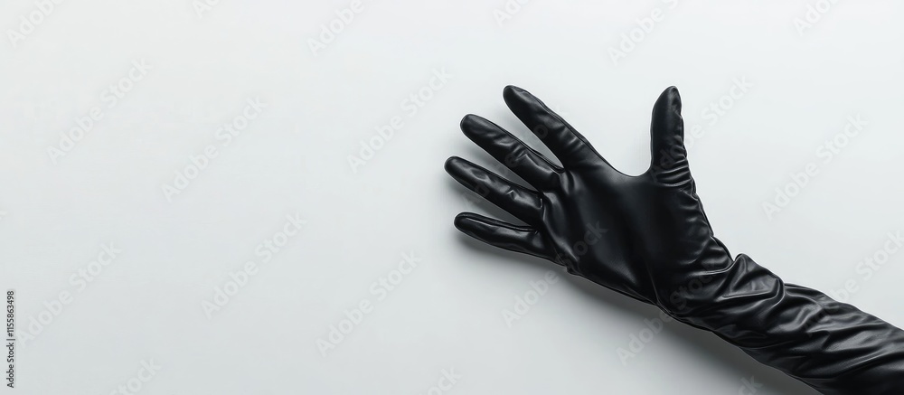 Poster elegant black glove displaying a hand gesture on a minimalist white background with ample space for 
