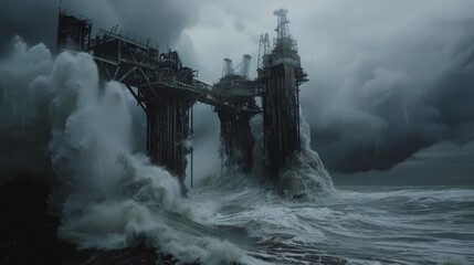 Fototapeta premium massive offshore oil rig surrounded by crashing waves and stormy skies