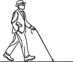 Blind Man Walking with Cane in Minimalist Line Drawing Elegant Simplicity