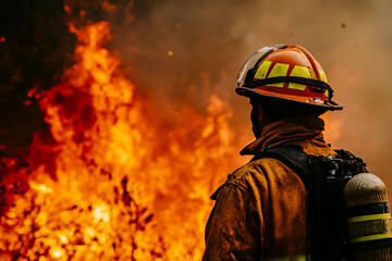 Generative AI Depiction of a Brave Firefighter Battling Intense Flames and Smoke with Determination and Courage