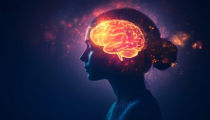 Obraz premium Abstract Representation of a Thoughtful Woman with Illuminated Brain Surrounded by Cosmic Light Elements and Colors in a Dark Background