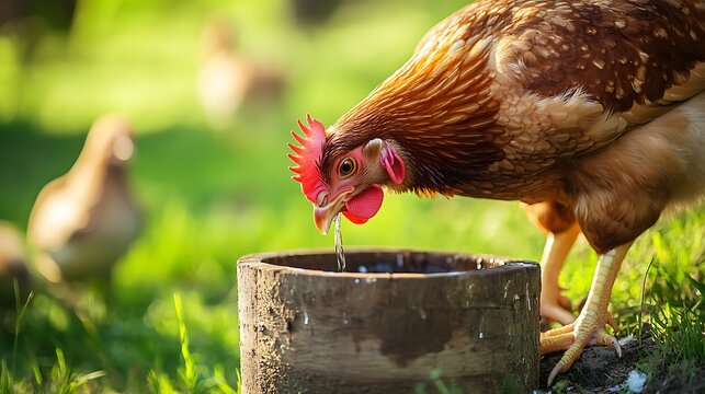 Generate a horizontal image showing a young hen with a bright red comb sipping water from a wooden container on the ground