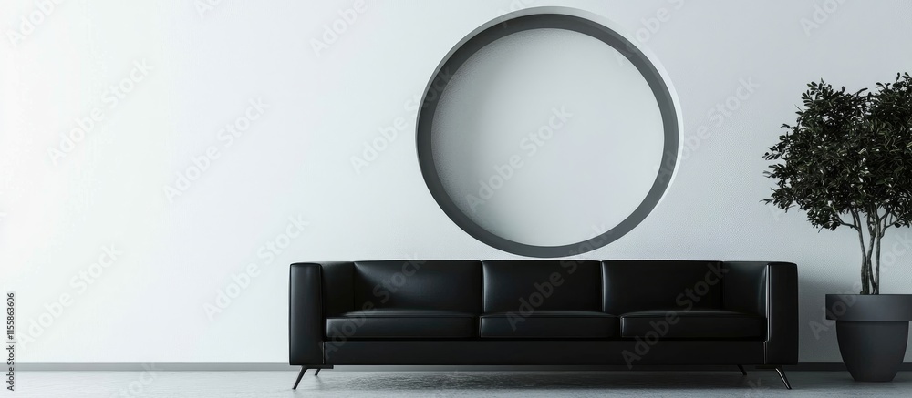 Poster black leather sofa with circular wall feature and empty space for text in modern minimalist interior