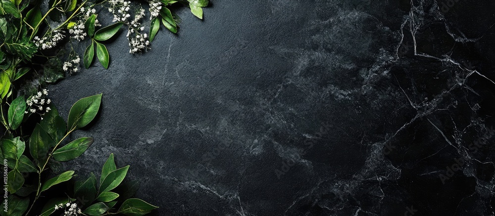 Poster elegant black marble background adorned with floral elements and ample space for personalized text o