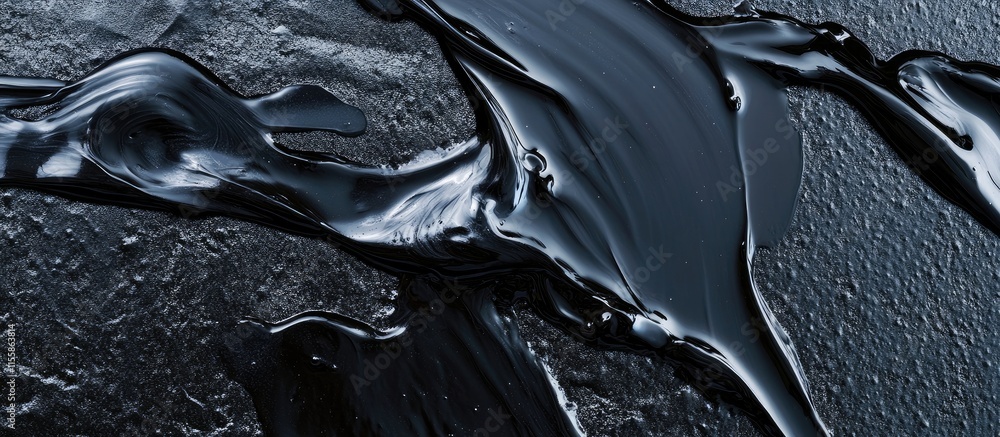 Poster viscous black paint texture on a rough surface highlighting ripples with ample negative space for de