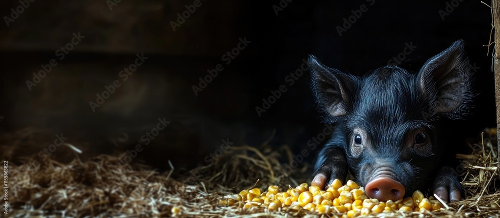 Aufkleber black piglet enjoying corn in rustic pigsty with ample space for text ideal for agricultural or anim