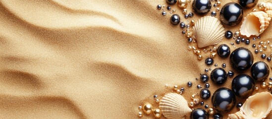 Elegant arrangement of black pearls and golden seashells on sandy background with ample space for custom text or branding elements.