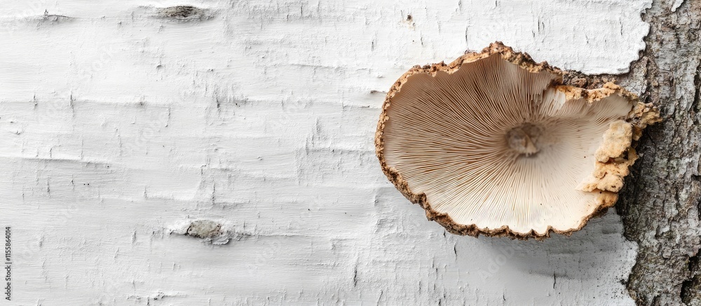 Poster bracket fungi growing on white linden tree bark featuring semicircular shape and empty space for tex