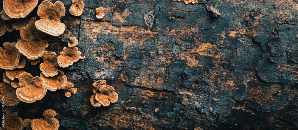 Poster bracket fungi on textured tree bark showcasing nature's beauty with space for text or design element