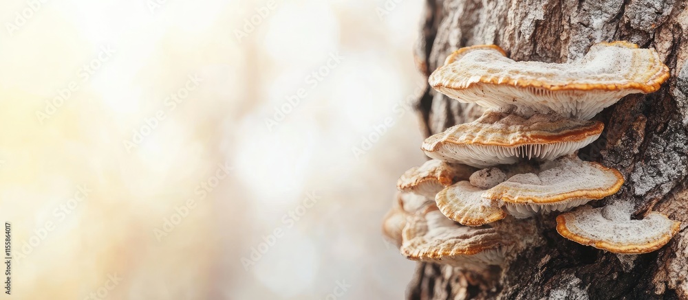 Poster bracket fungi flourishing on a tree trunk with a blurred background and ample empty space for text o