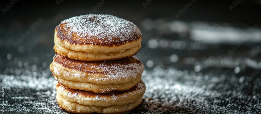Poster braided bread puff pancakes and fried buns dusted with powdered sugar on rustic dark background with
