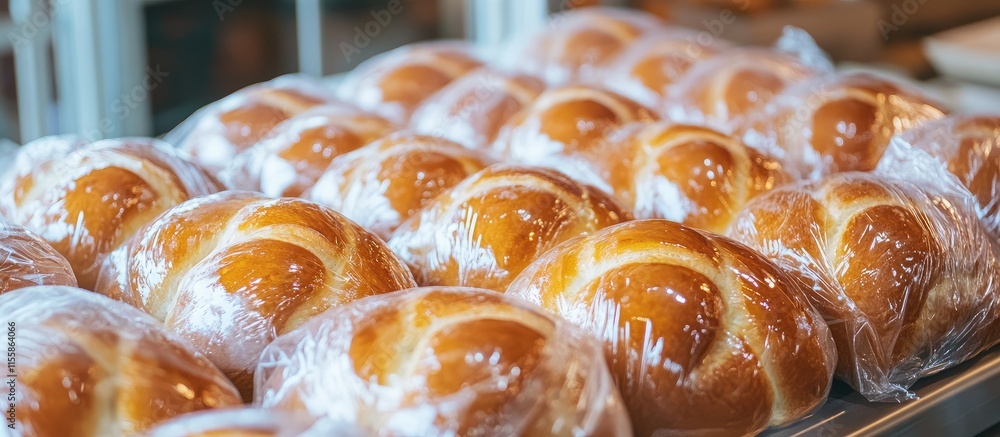 Poster braided buns wrapped in plastic at a bakery with an empty space for text and a focus on fresh baked 